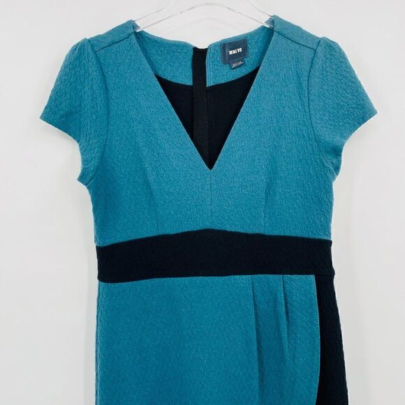 Maeve Anthropologie Size Medium Teal & Black Splitshade Tulip Hem Vneck Dress - Picture 3 of 10